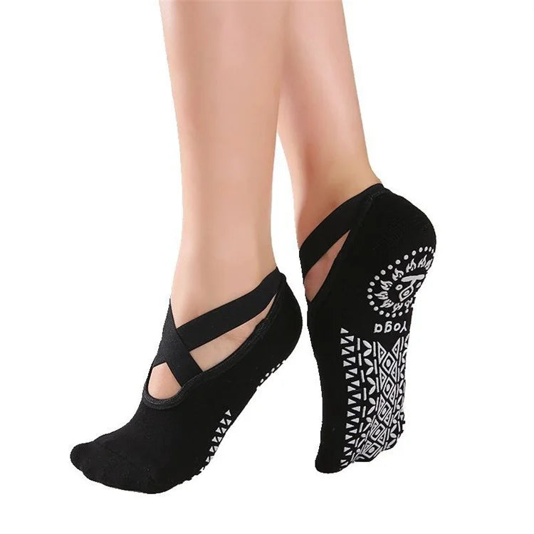 Women Non-slip Yoga Socks Criss Cross Pilates Socks for Ballet Dance Fitness - Grey