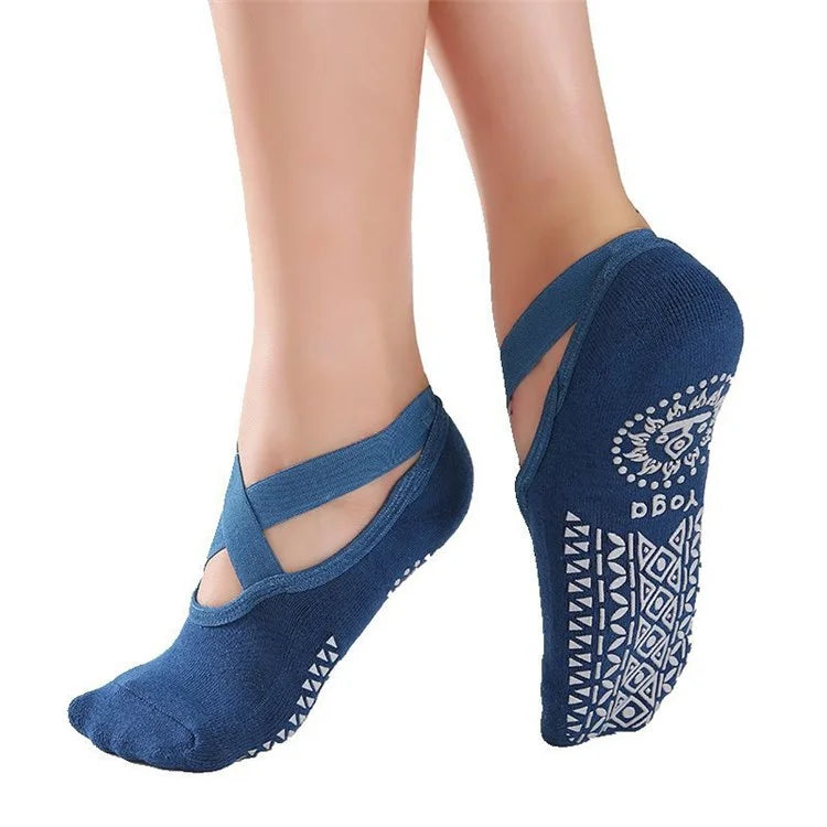 Women Non-slip Yoga Socks Criss Cross Pilates Socks for Ballet Dance Fitness - Grey
