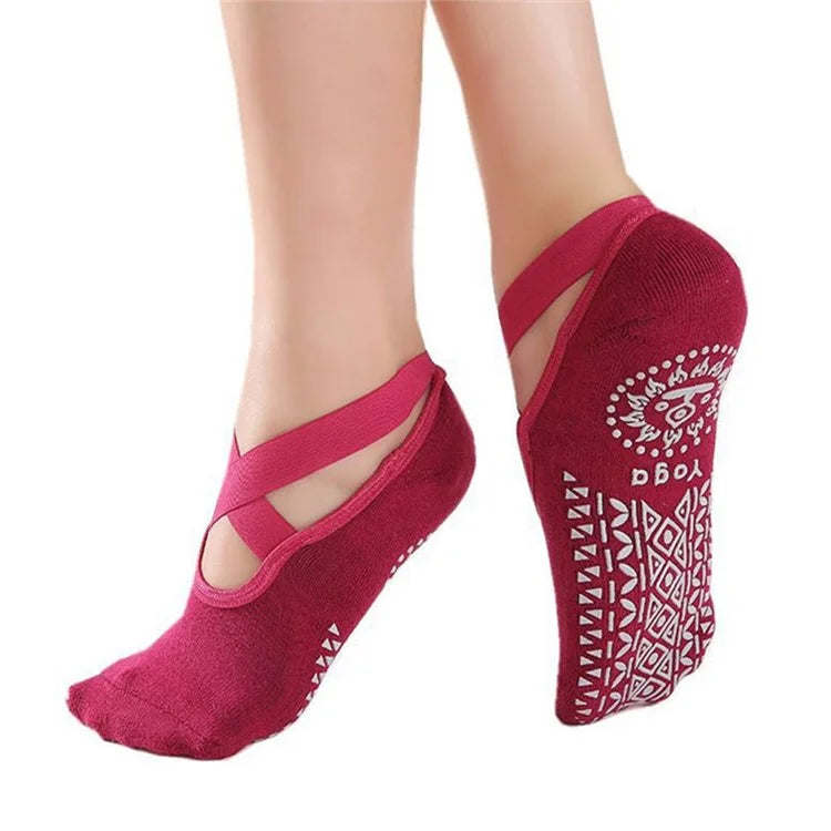 Women Non-slip Yoga Socks Criss Cross Pilates Socks for Ballet Dance Fitness - Grey