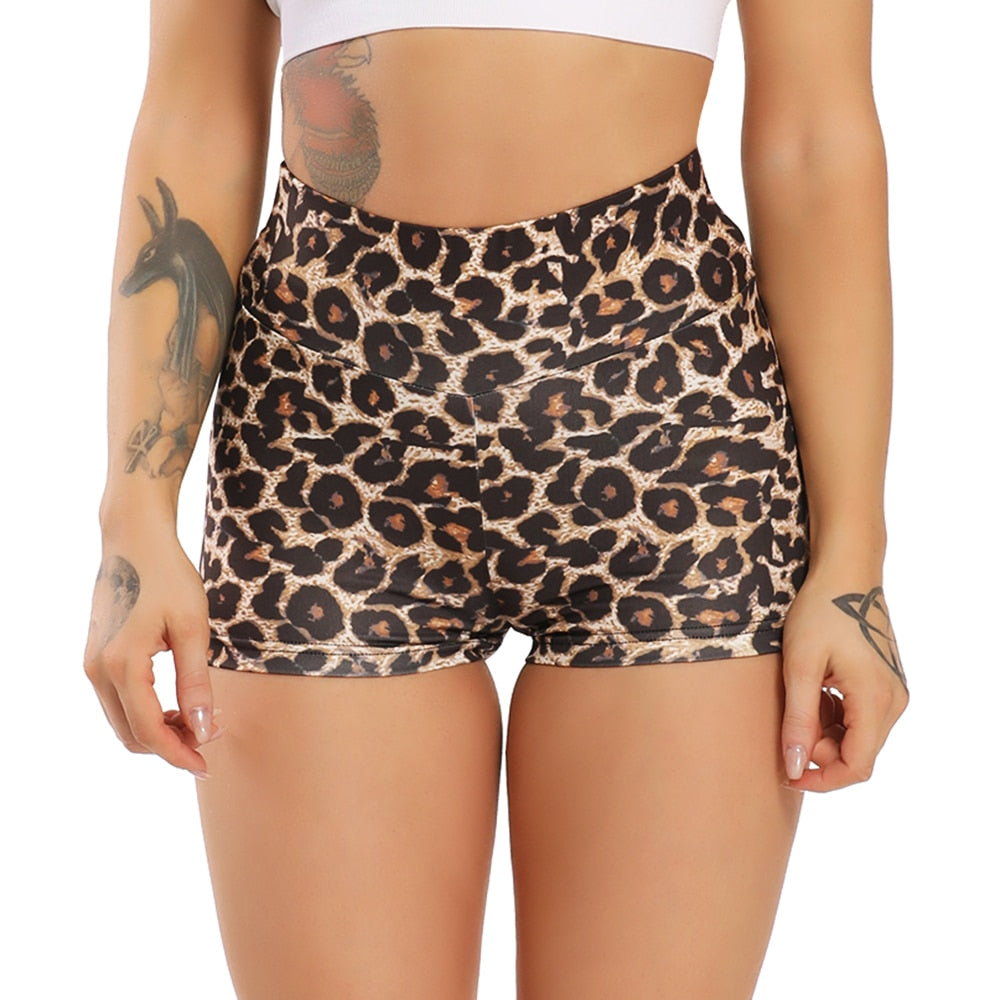 Womens High Waisted Leopard Yoga Shorts Scrunch Butt